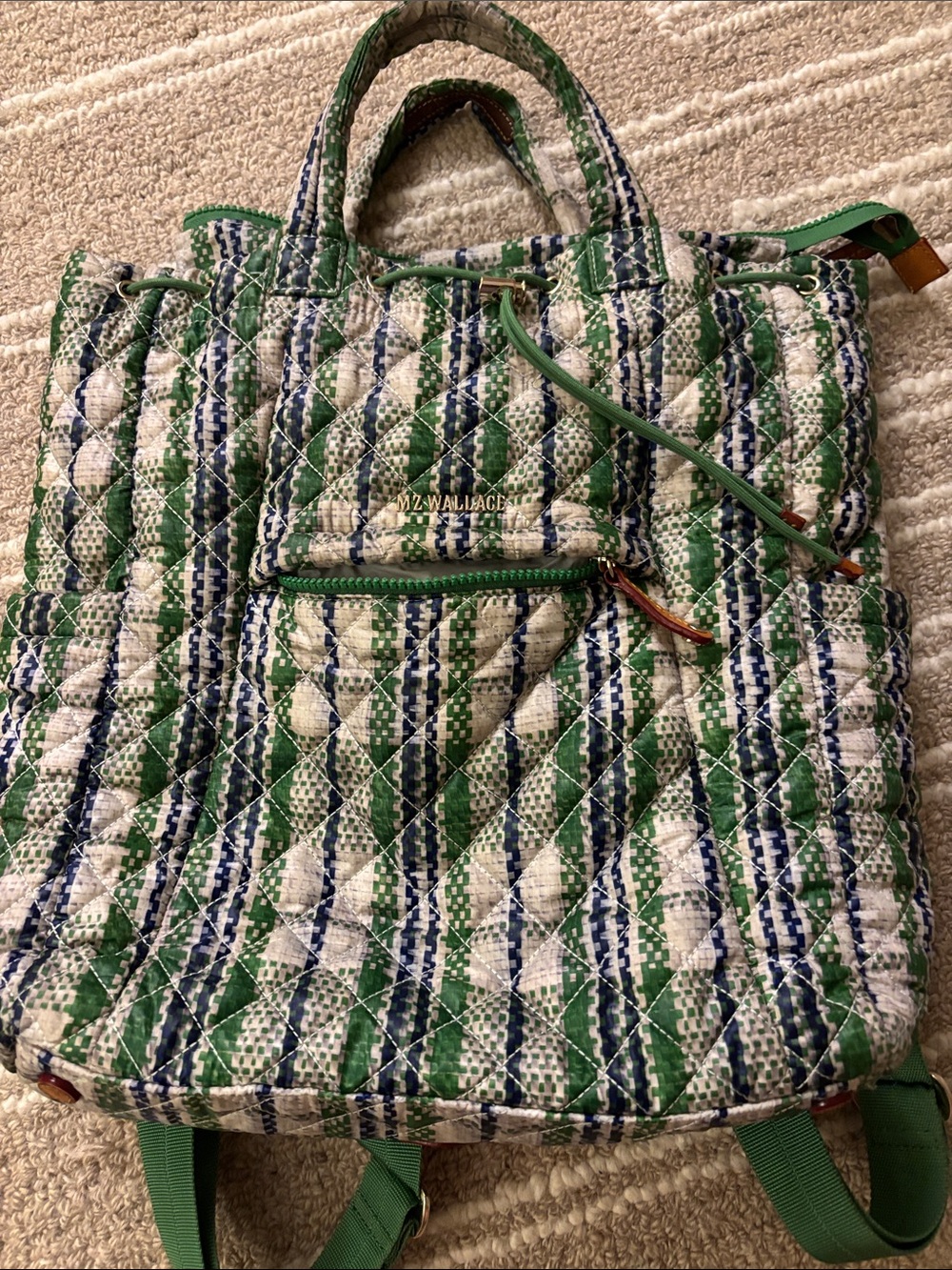 MZ Wallace Blue, Green & White Quilted Tote-Style Backpack